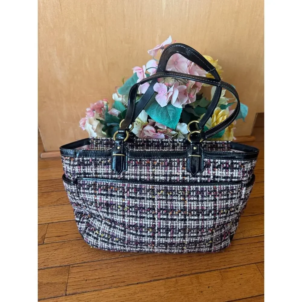 COACH F20025 Galaxy Tweed Tote Black Patent Leather Shoulder Bag (170